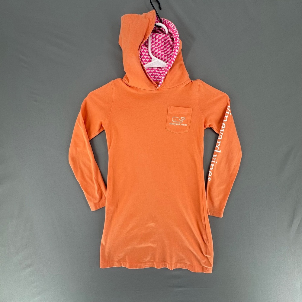 Vineyard Vines Girls Hooded Cover Up Dress XS 5 6 Orange‎ Pink Whale Long Sleeve